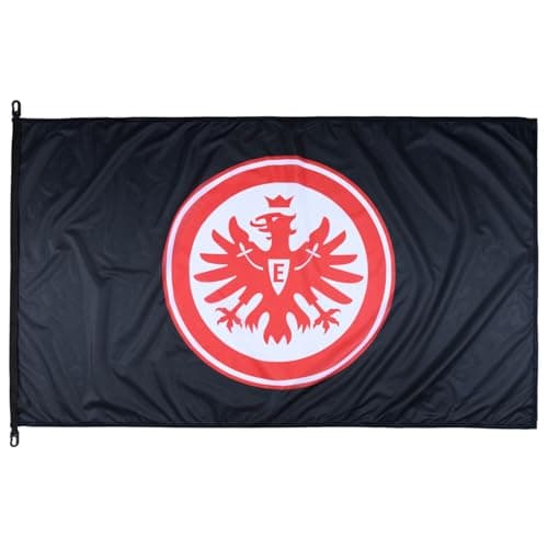 Eintracht Frankfurt Hissflagge 90 x 150 cm Logo schwarzer Hintergund mit rotem Eintracht Frankfurt Logo – Produktbild von Amazon
