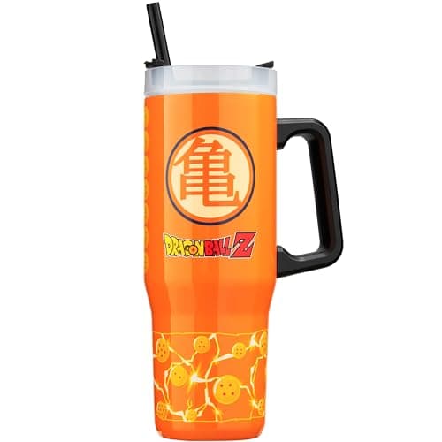 Get Trend DragonBall Z Thermobecher 920ml, Edelstahl Trinkflasche mit Strohhalm und Henkel, 42H Eis 12H Kalt und 8H Heiß, Deckel Auslaufsicher und BPA Frei, Geschenkidee (Orange Dragon Ball) – Produktbild von Amazon