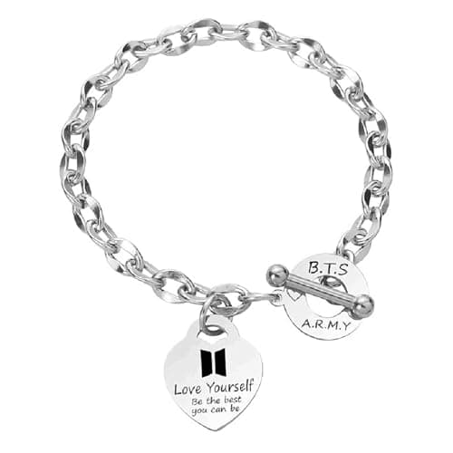NHPY Edelstahl Armband,Unisex Silber Bracelet,Herz Anhänger Armbänder,BTS Fanartikel,BTS Merch,Kpop Fanartikel,Geschenke für k-pop Fans – Produktbild von Amazon