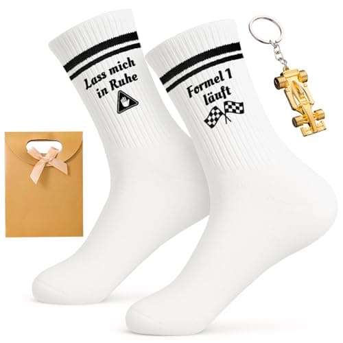 Formel 1 Socken Set mit Ferrari Design & Rennwagen Schlüsselanhänger - Lustiges Formel 1 Geschenk für Männer & Motorsport Fans zum Geburtstag oder Vatertag – Produktbild von Amazon