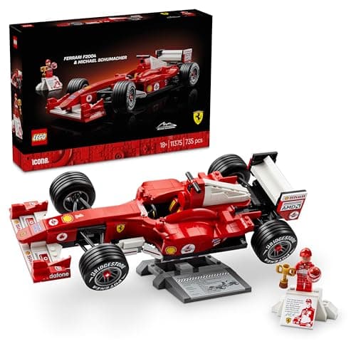 LEGO Icons Ferrari F2004 und Michael Schumacher - F1 Rennwagen Modellbau für Erwachsene - F1 Modellauto Set mit V10-Motor & sammelbarer Fahrer Minifigur - Formel 1 Geschenk für Motorsport Fans - 11375 – Produktbild von Amazon