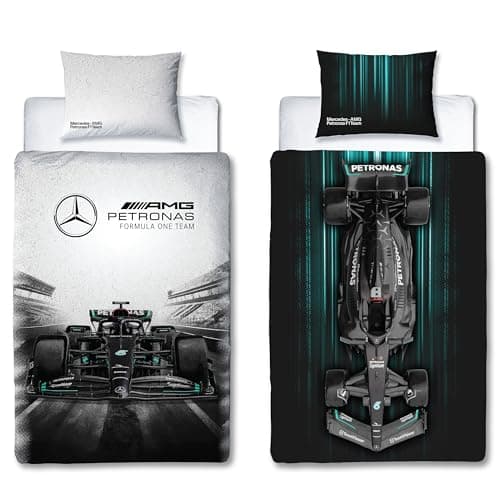Character World Mercedes AMG Petronas Offizielles Bettwäsche-Set für Einzelbett, Skyline-Design, wendbar, 2-seitig, Formel 1, offizielles Merchandise-Produkt, inklusive passendem Kissenbezug – Produktbild von Amazon