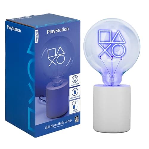 Paladone PlayStation-Icons-LED-Neonlampe, dekorativ, E27-Glas-Glühbirne, offiziell lizenziertes Gamer-Geschenk von Sony, perfekt als Dekoration für Schlafzimmer, Zuhause, Gamingzimmer – Produktbild von Amazon